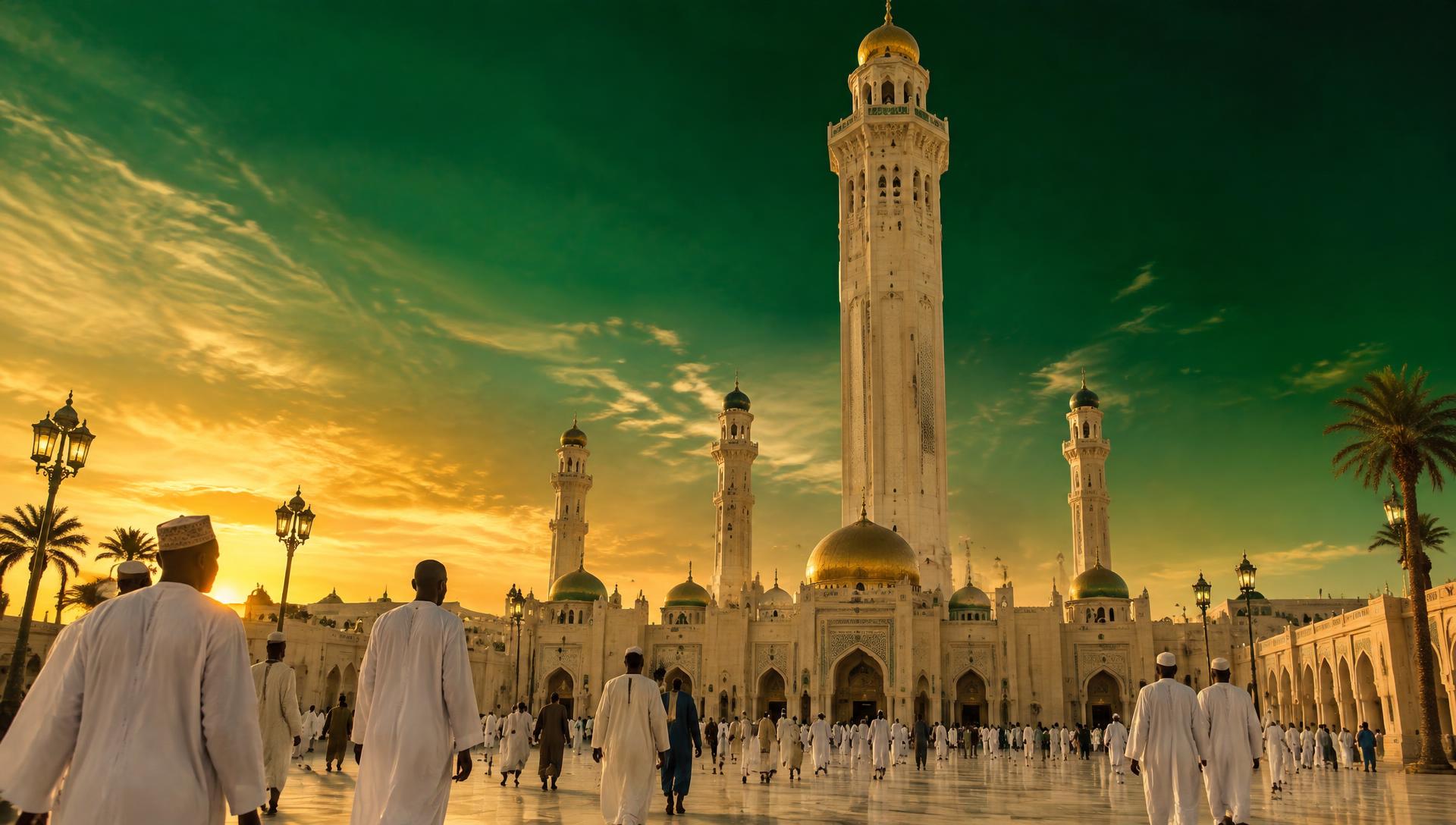 Grande mosquée illuminée au crépuscule